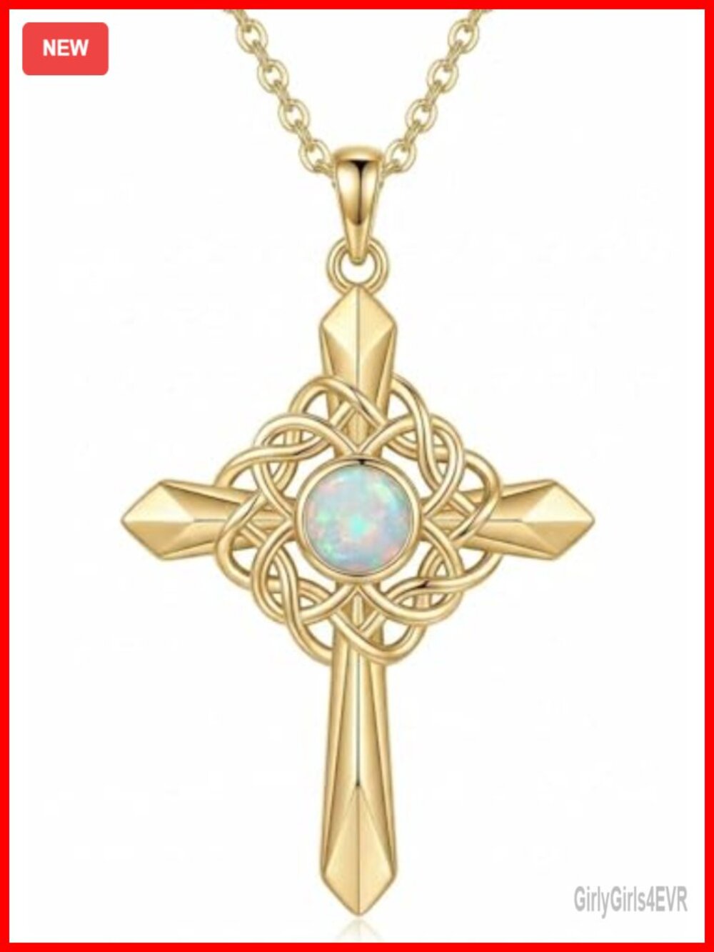 14K Gold Plated Celtic Cross Necklace with Opal Inlay